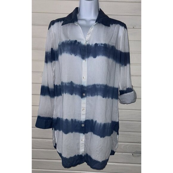 Chicos Sz 0 (SMALL) Blue White Tie Dye Stripe Button Front Shirt Tunic EUC - Picture 3 of 13